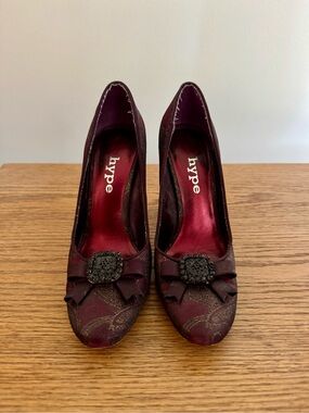 Hype Women's Burgundy Satin Pumps with Bow and Jeweled Accent